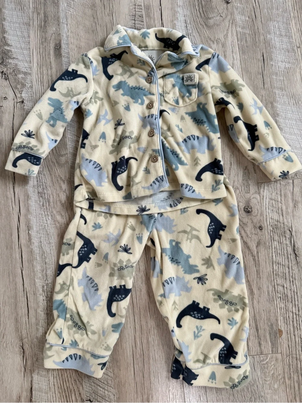 Cream & Blue Dinosaur Fleece Kids Pajama Set